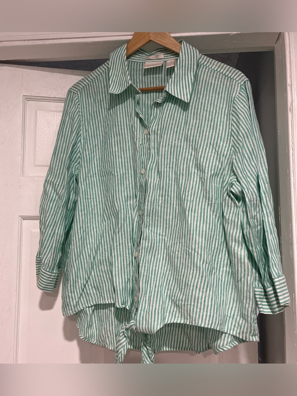 CHICO'S NO-IRON 100% LINEN HIGH-LOW SHIRTTAIL-HEM Green Striped SIZE 3